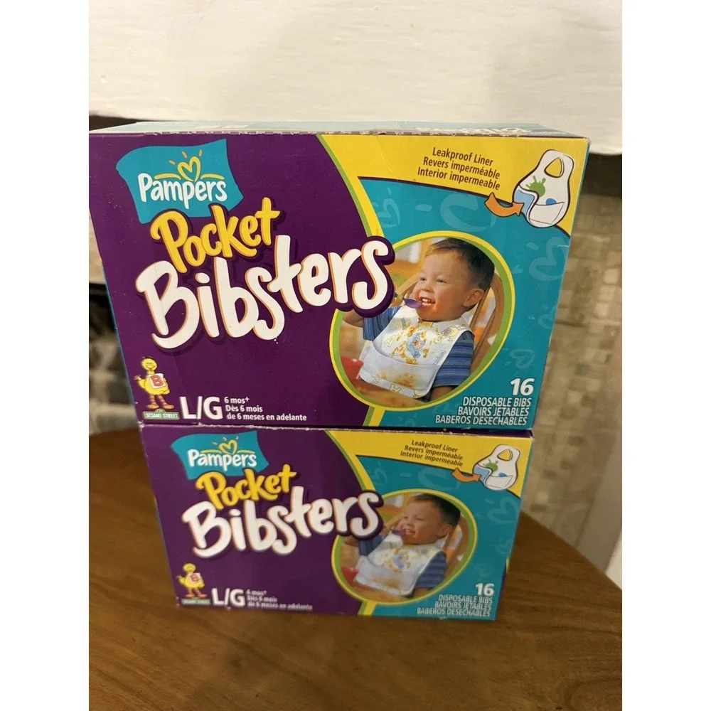 2 Boxes Bibsters Large Disposable Bibs New in Box. Pampers 16ct NOS Discontinued